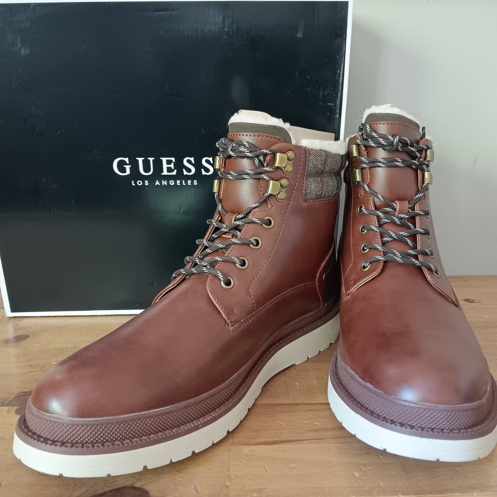 Guess Caismar Boots Mens 13 M Brown NWB Plaid Faux Fur Memory Foam